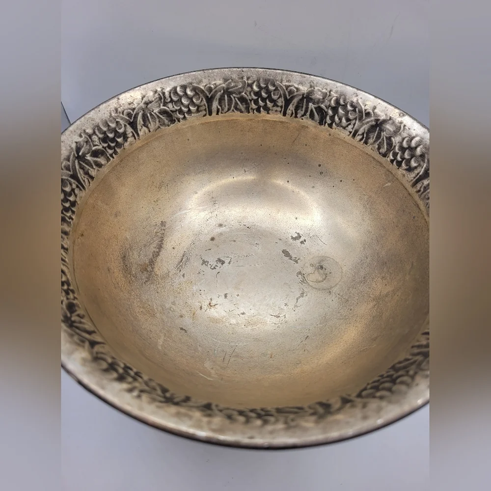Pottery Barn Distressed Pedestal Bowl Grape & Leaves Motif Pewter Like Finish